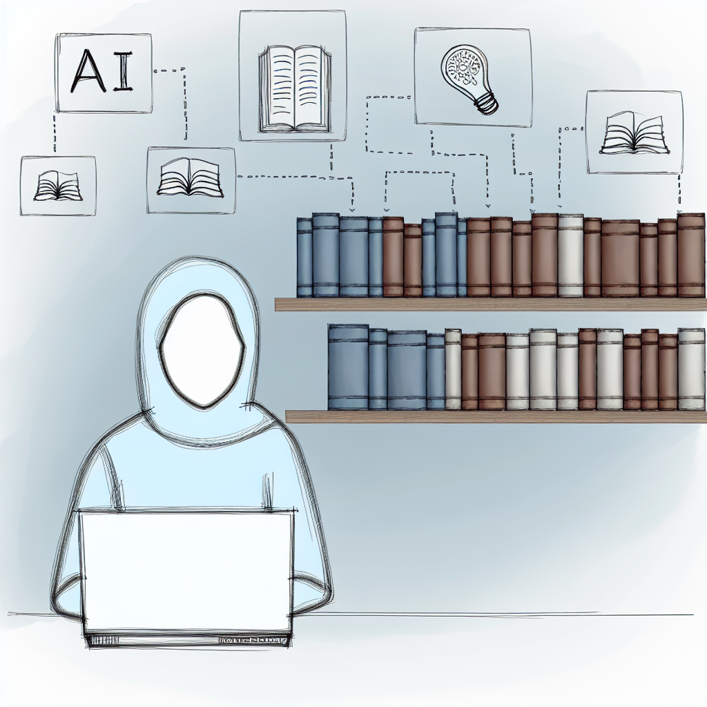 Estudante universitário numa biblioteca moderna, rodeado por livros físicos e um computador portátil, com elementos visuais subtis de IA no ambiente