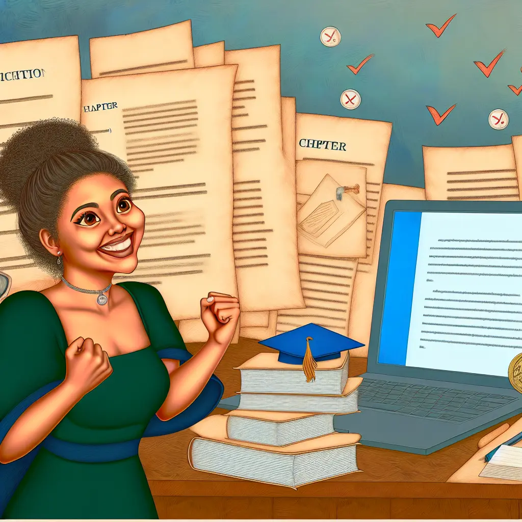 Estudante universitário confiante celebrando sucesso com documentos de tese organizados