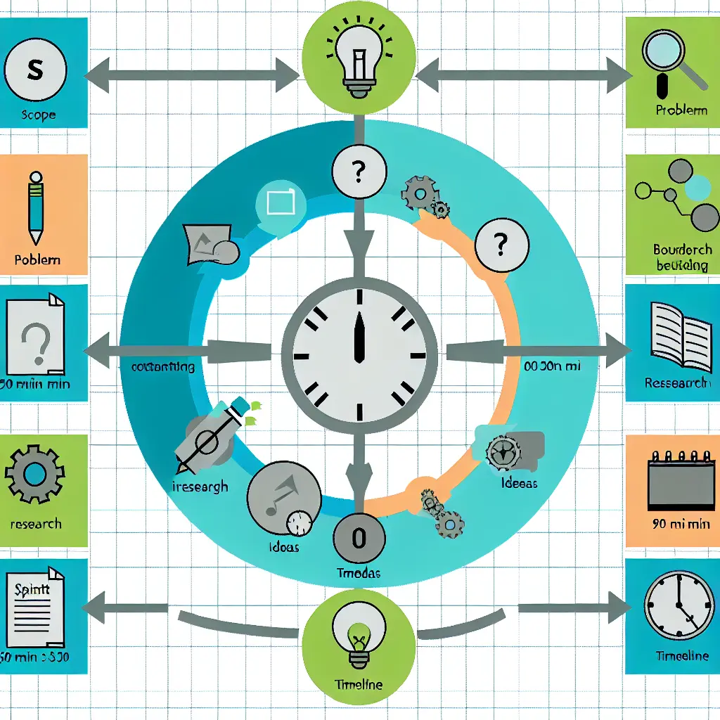 Cronómetro digital mostrando 90 minutos com diagrama do método SPRINT em background