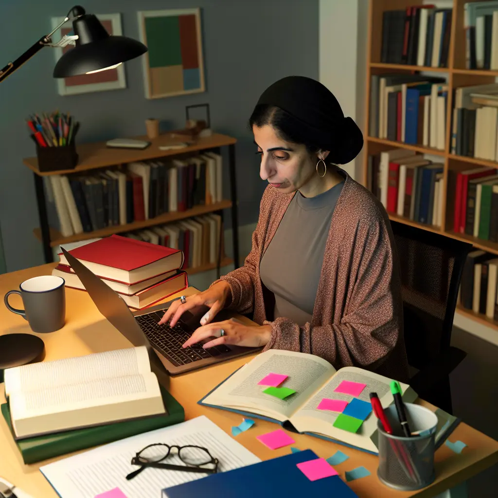 Estudante focado na escrita da dissertação com livros e computador