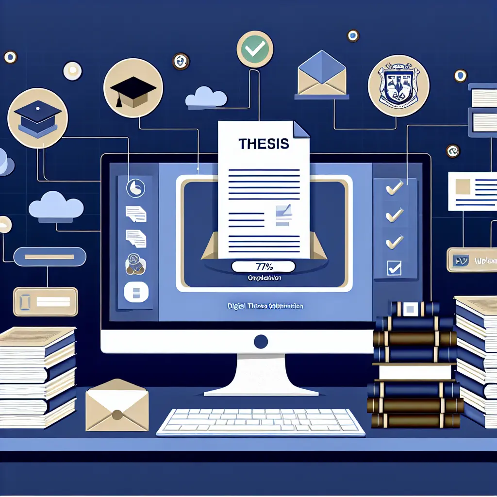 Computador mostrando interface digital de submissão de tese com documentos