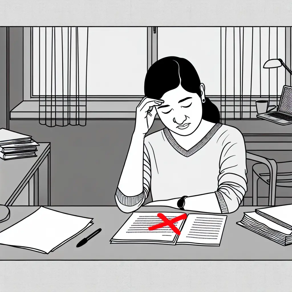 Estudante universitário analisando estrutura de tese com documentos espalhados