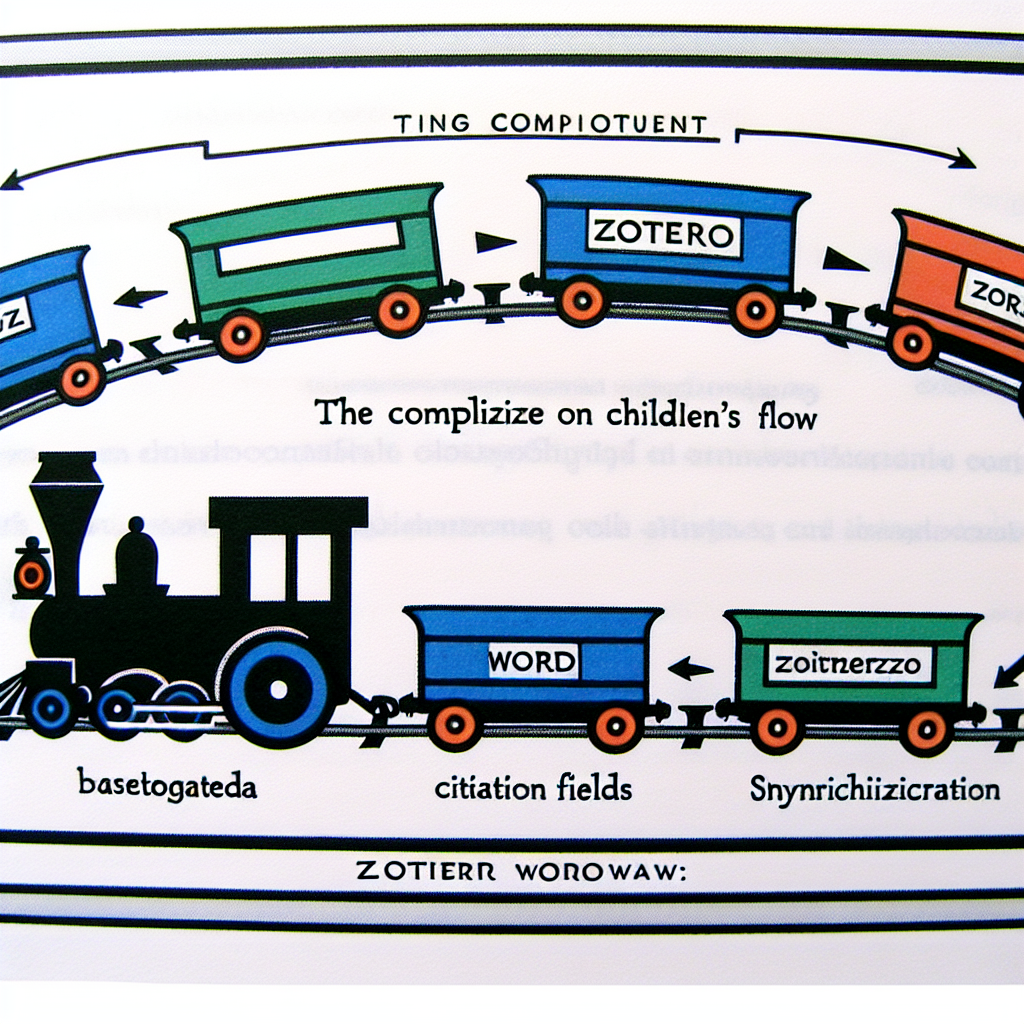 Analogia entre fluxo de trabalho Zotero-Word e composição de comboio: banco de dados limpo, campos de citação como trilhos, e sincronização preventiva como tripulação, ilustrados de forma esquemática para transmitir a importância da harmonia entre estes elementos.