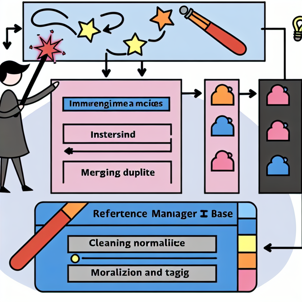 Desenho esquemático de uma pessoa usando o Zotero para adicionar registros usando a varinha mágica, mesclar duplicados e etiquetar entradas com tags coloridas, ilustrando o processo de limpeza do banco bibliográfico.