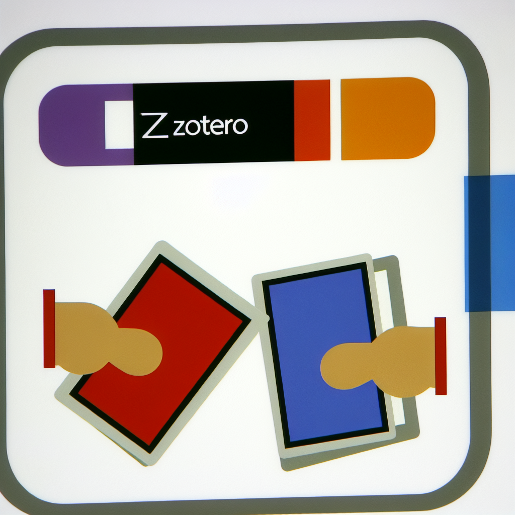 Ilustração de duas mãos trazendo juntas duas fichas bibliográficas quase iguais em frente ao logo do Zotero, representando a fusão de duplicados em um banco bibliográfico, de forma didática, quadrada.