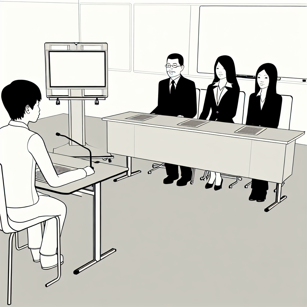 Cena de defesa oral de tese com um estudante apresentando para um painel de professores em um ambiente acadêmico minimalista