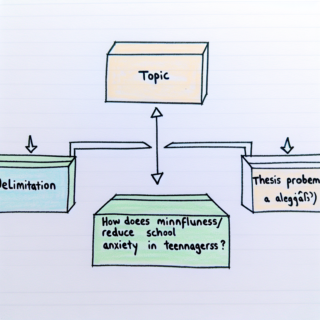 Estudante de psicologia trabalhando na definição do problema de tese com livros e notas organizadas