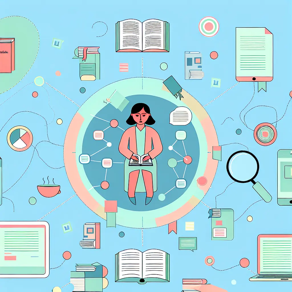 Estudante a realizar revisão de literatura académica rodeado de livros, artigos científicos e recursos digitais organizados