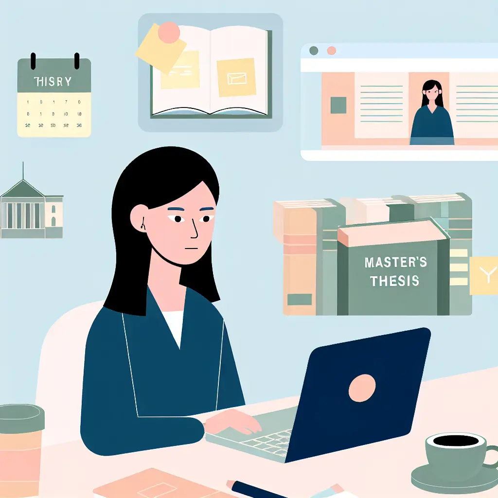 Estudante universitário a iniciar a sua tese de mestrado na Universidade do Porto, rodeado de elementos académicos organizados