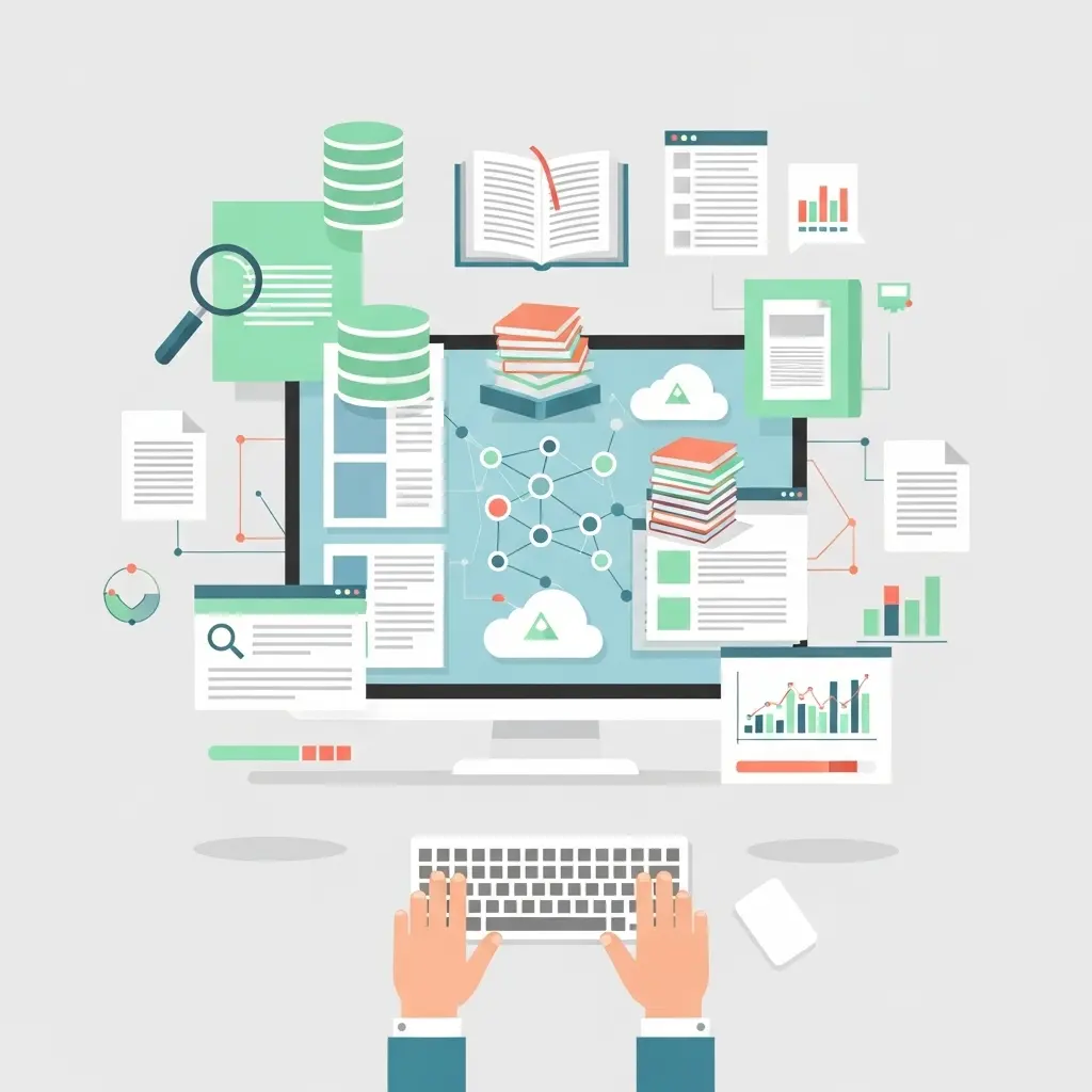 Rappresentazione della ricerca accademica digitale moderna con database e risorse online