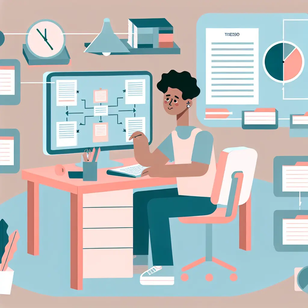 Estudante focado no processo de escrita académica com computador e gestão de tempo