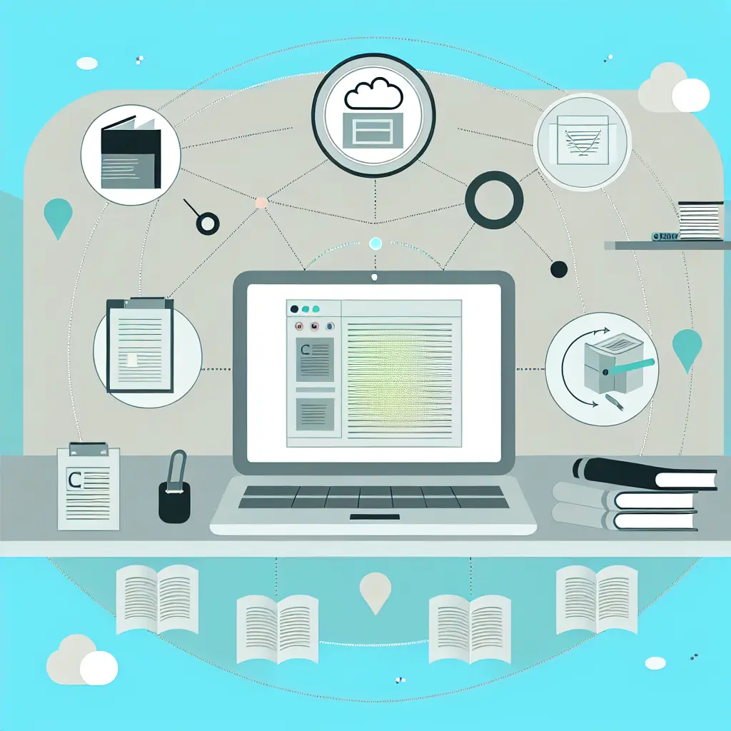 Workspace moderno com laptop exibindo interface de gestor de citações e elementos flutuantes representando o processo de automação bibliográfica