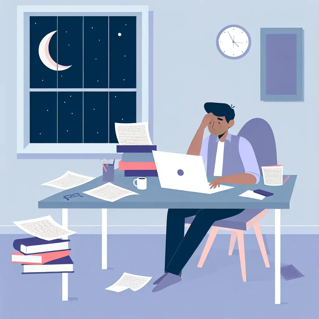 Doutorando trabalhando tarde da noite na tese com pilhas de livros