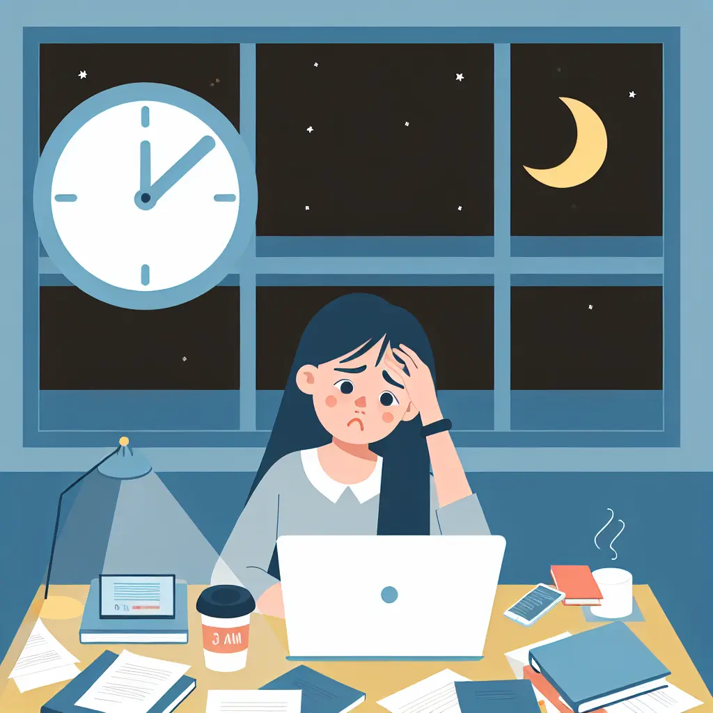 Estudante universitária stressada às 3 da manhã a tentar terminar o TFC