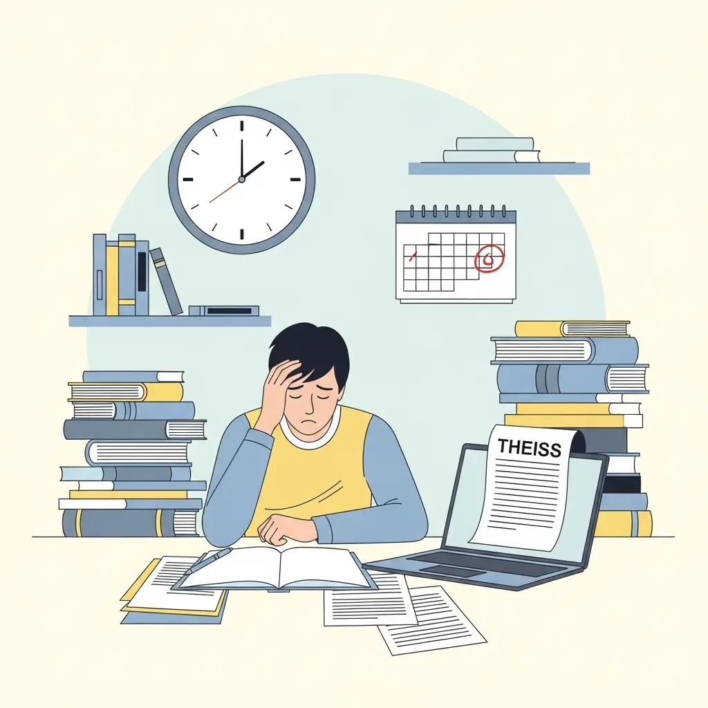 Estudante universitário sob pressão enfrentando prazos apertados da tese