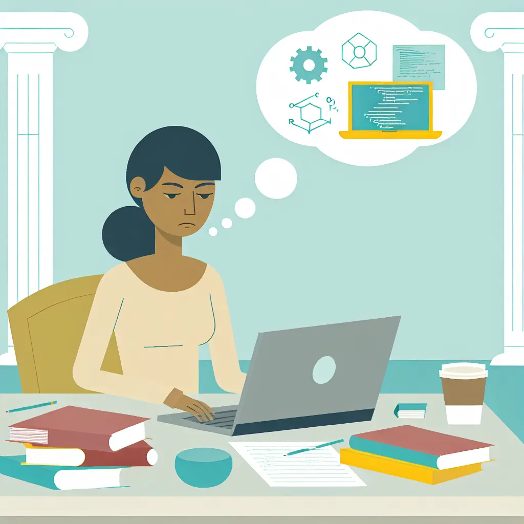 Estudante universitário trabalhando intensamente no seu TFC, rodeado de livros e café