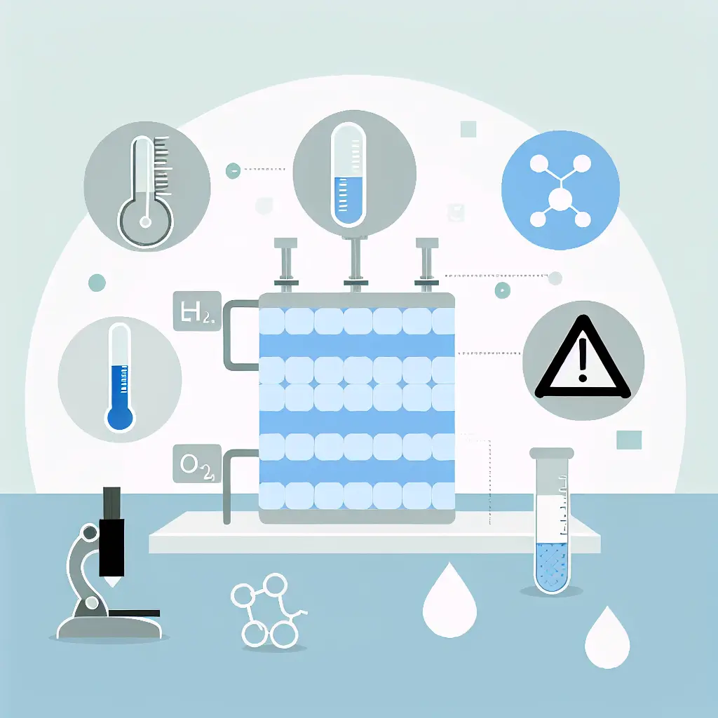 Ilustração de laboratório de tecnologia de fuel cells de hidrogénio mostrando desafios como equipamento caro, sensibilidade ambiental e preocupações de segurança