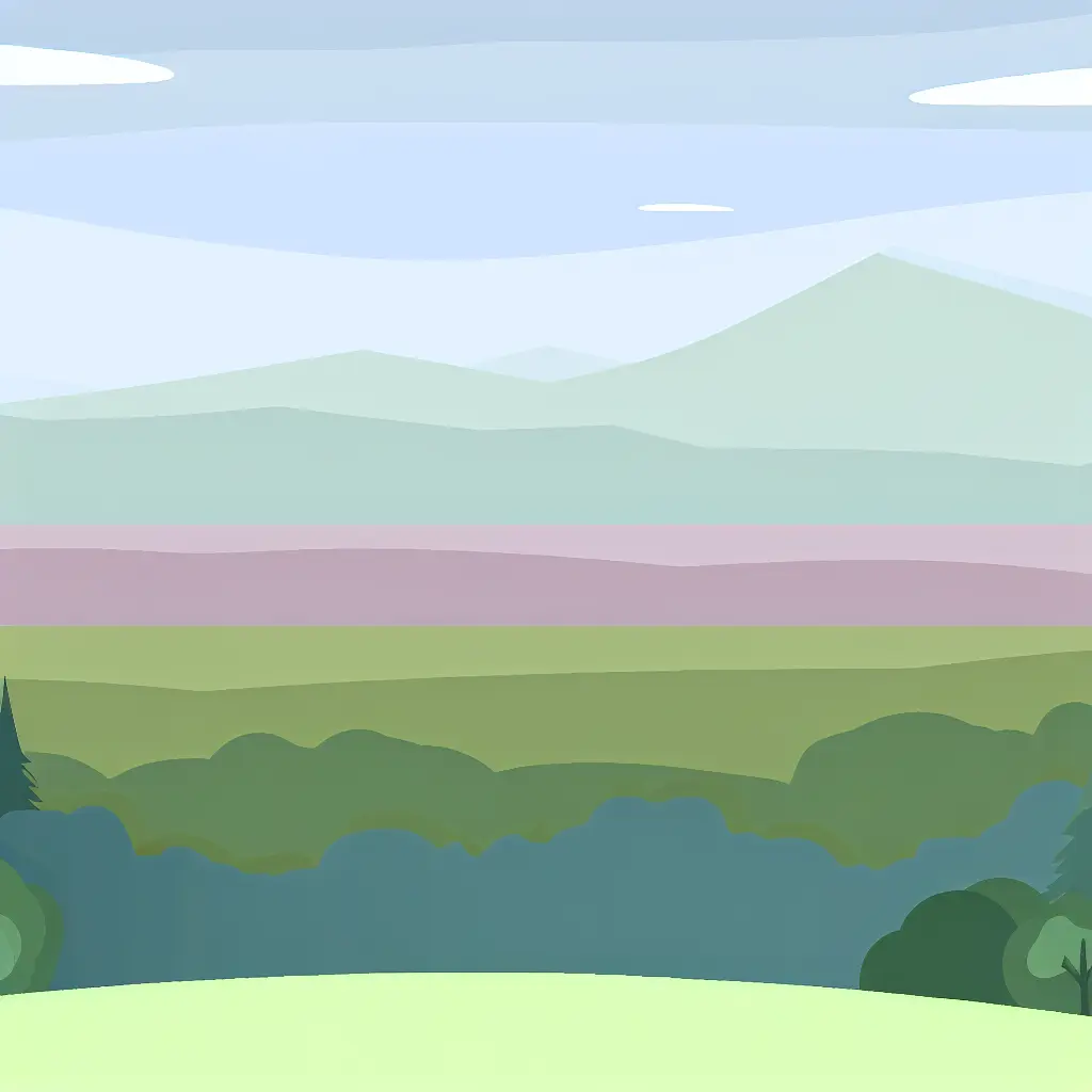 A distant village nestled among hills on the horizon, representing destination and discovery