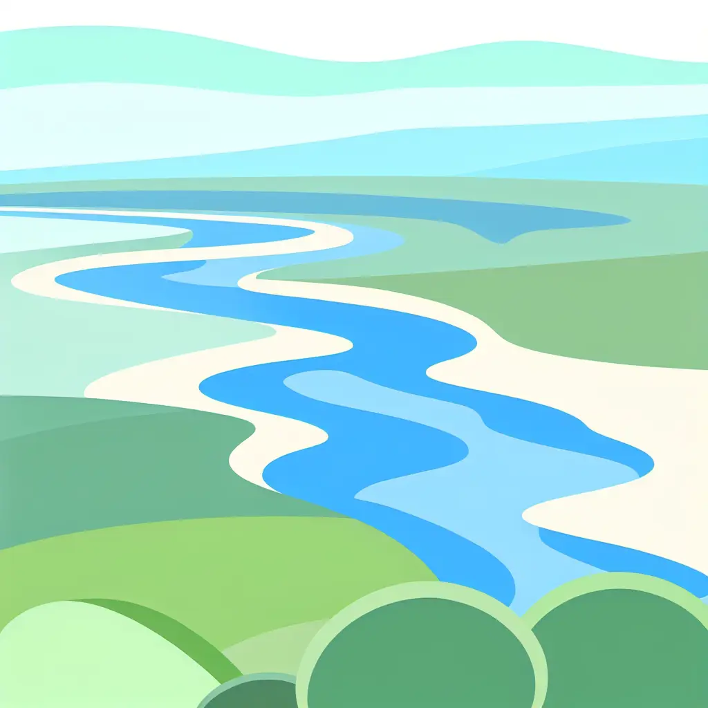 A meandering river flowing through vibrant meadows