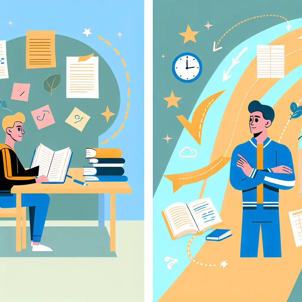 Ilustração mostrando a progressão de um estudante desde a preparação intensiva até ao sucesso na defesa de TFC