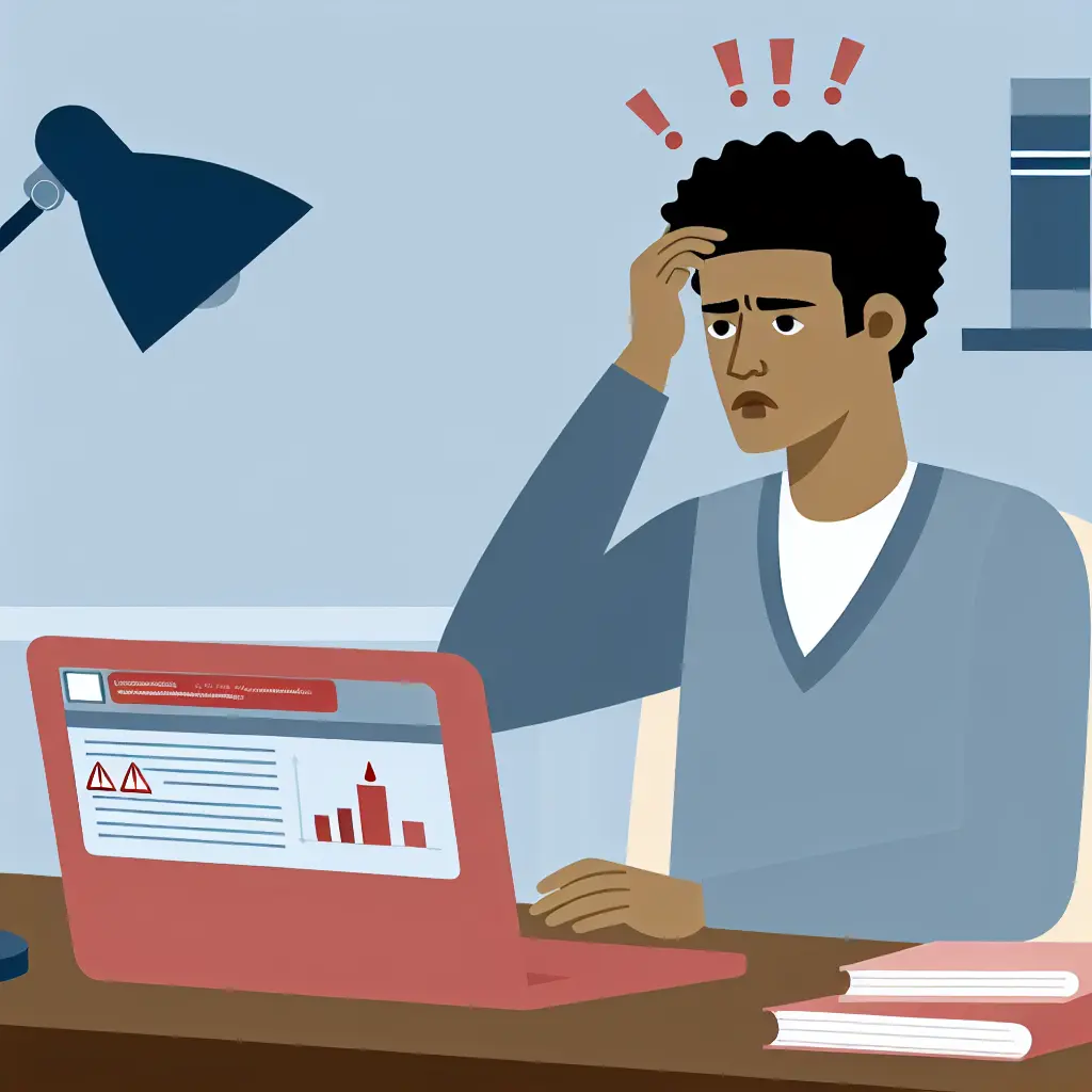 Estudante universitário a verificar relatório de similaridade com expressão preocupada