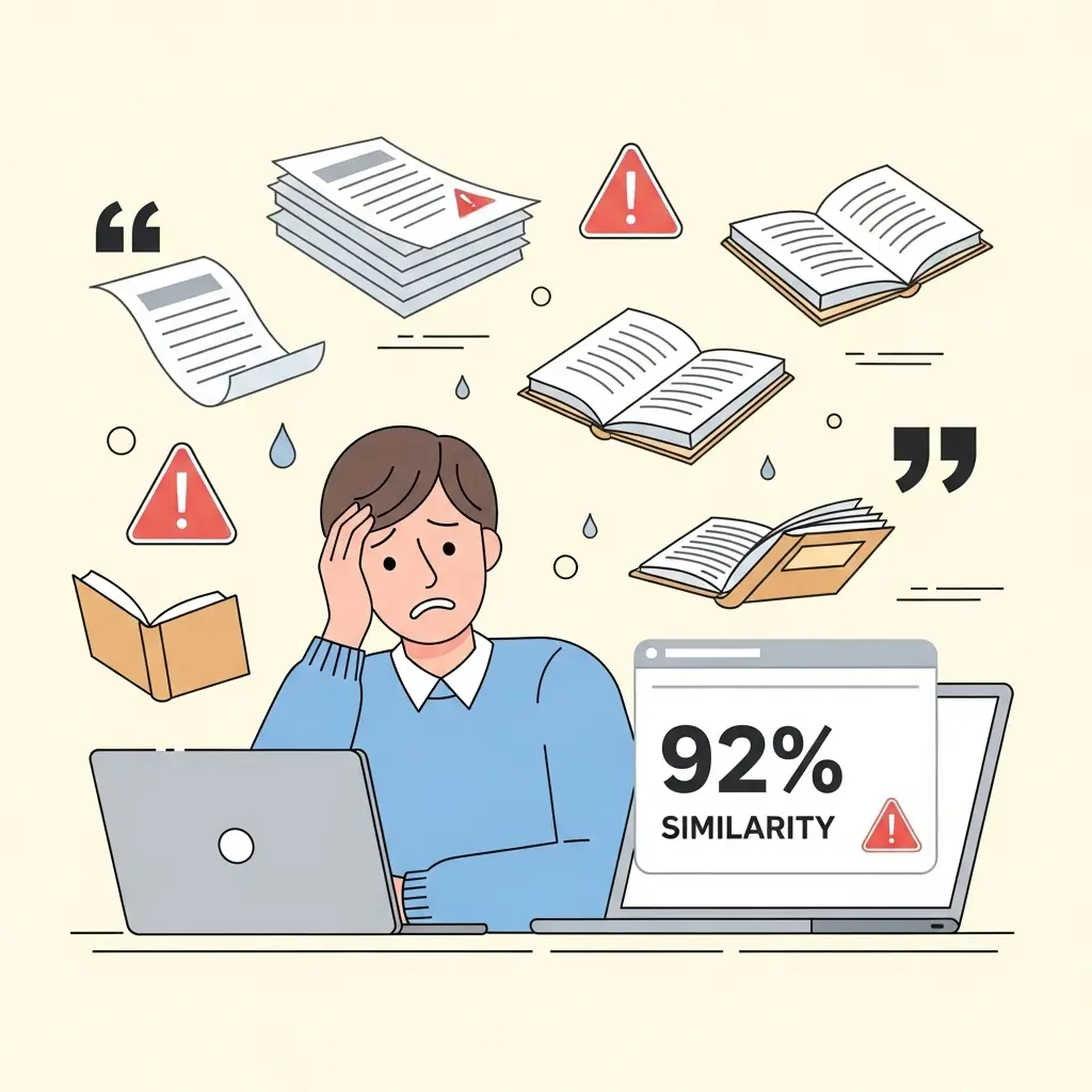 Estudante universitário preocupado com relatório de similaridade no ecrã do computador