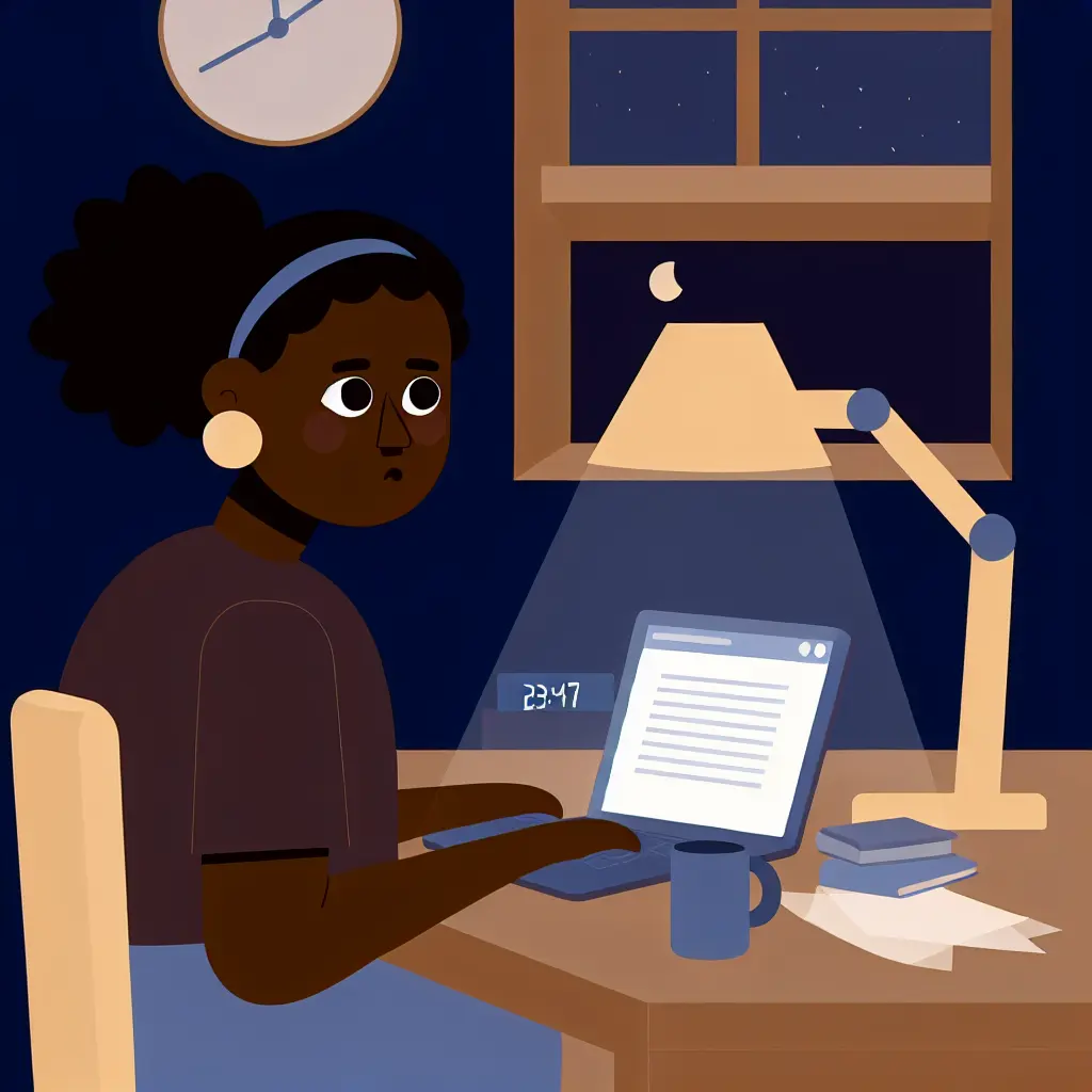 Estudante a trabalhar tarde da noite com laptop, mostrando a pressão académica do TFC