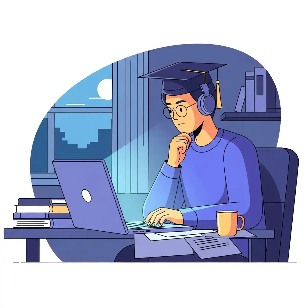 Estudante trabalhando tarde da noite no portátil, iluminado pela luz azulada do ecrã numa sala escura