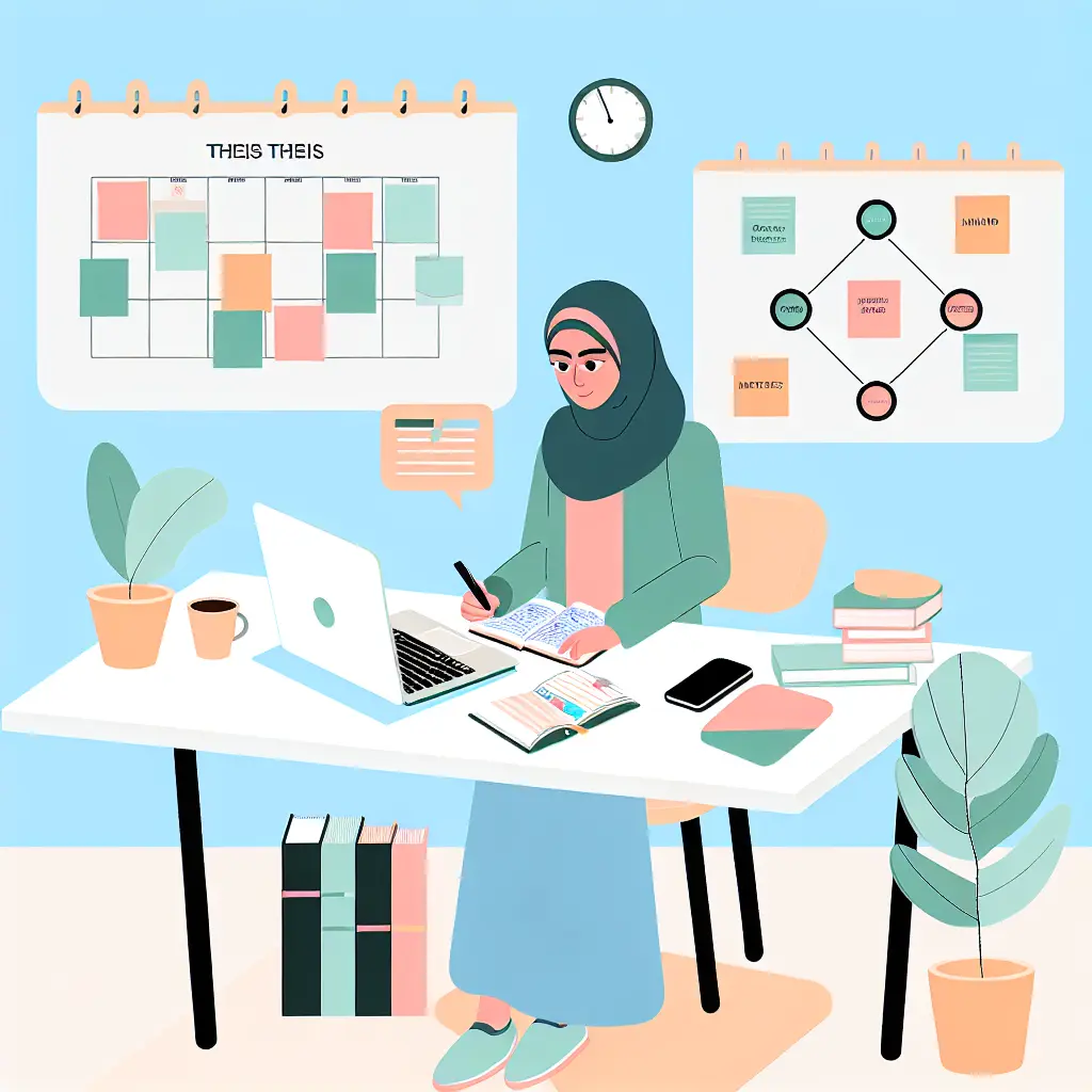Estudante universitário a planear a sua tese de mestrado com calendário, mapas mentais e notas organizadas