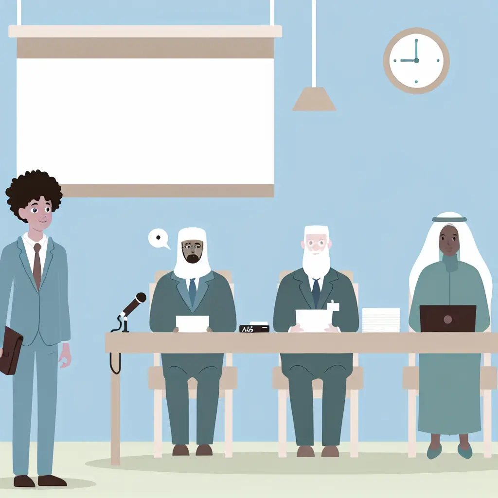 Estudante universitário a apresentar o TFC perante uma banca de três professores numa sala académica formal