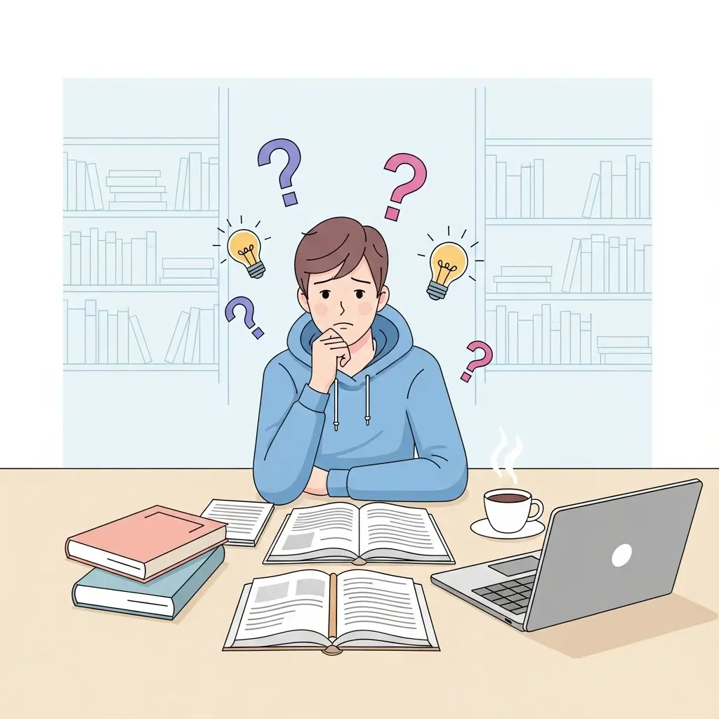 Studente universitario circondato da domande e idee durante la scelta della tesi