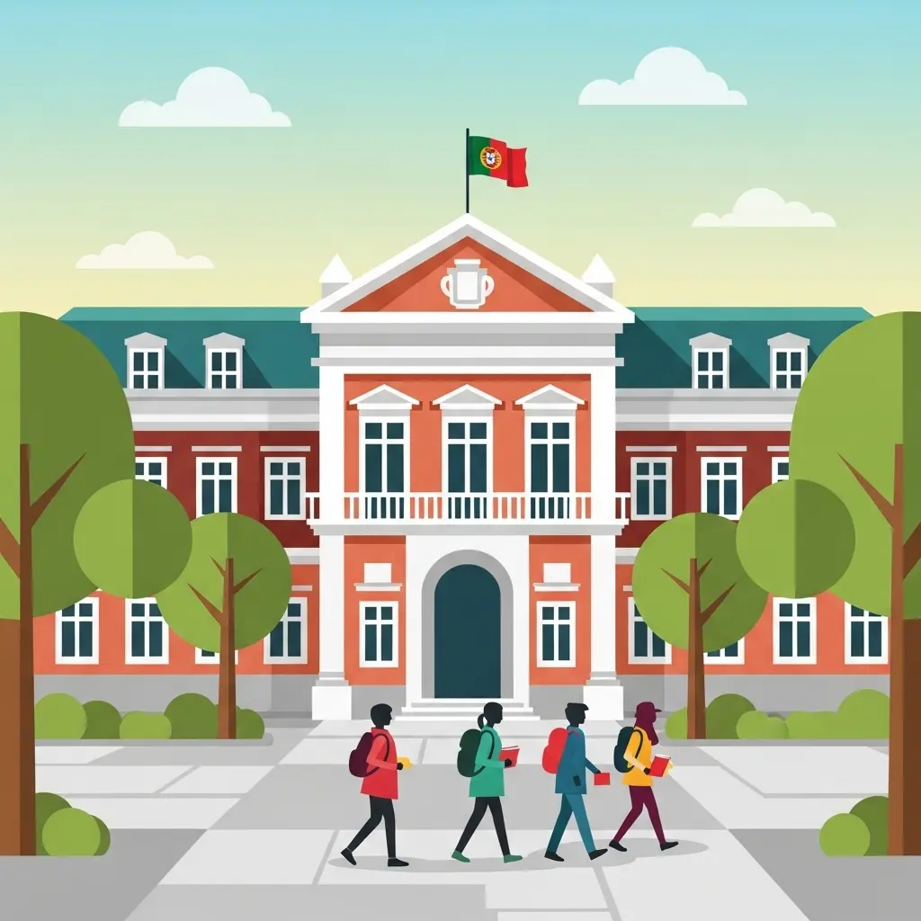 Ilustração de edifício universitário português com estudantes caminhando em frente