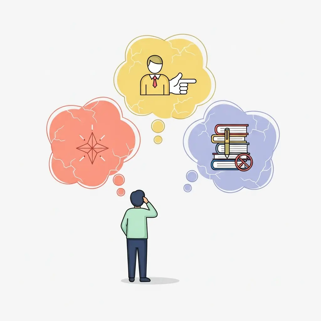 Representação visual dos três mitos académicos que impedem estudantes de começar a tese