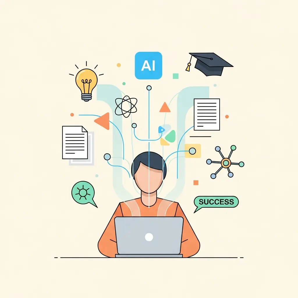 Ilustração mostrando a colaboração harmoniosa entre estudante de doutoramento e inteligência artificial no processo de escrita académica