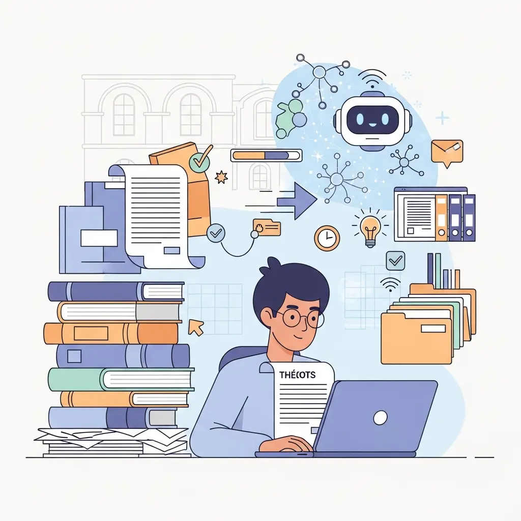 Ilustração de investigador num espaço de trabalho moderno com elementos de IA a transformar a escrita académica