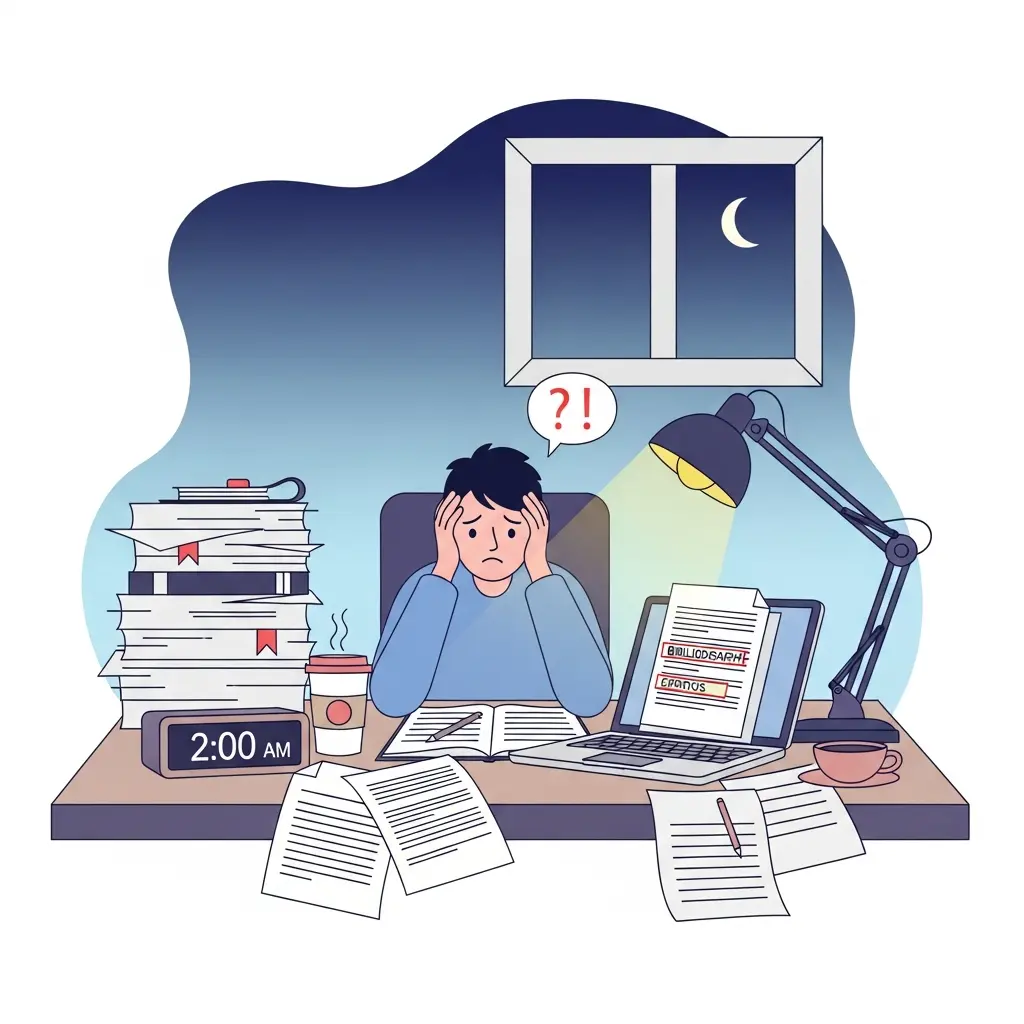 Doutorando em pânico às 2h da manhã, rodeado de papéis e laptop com erros bibliográficos destacados