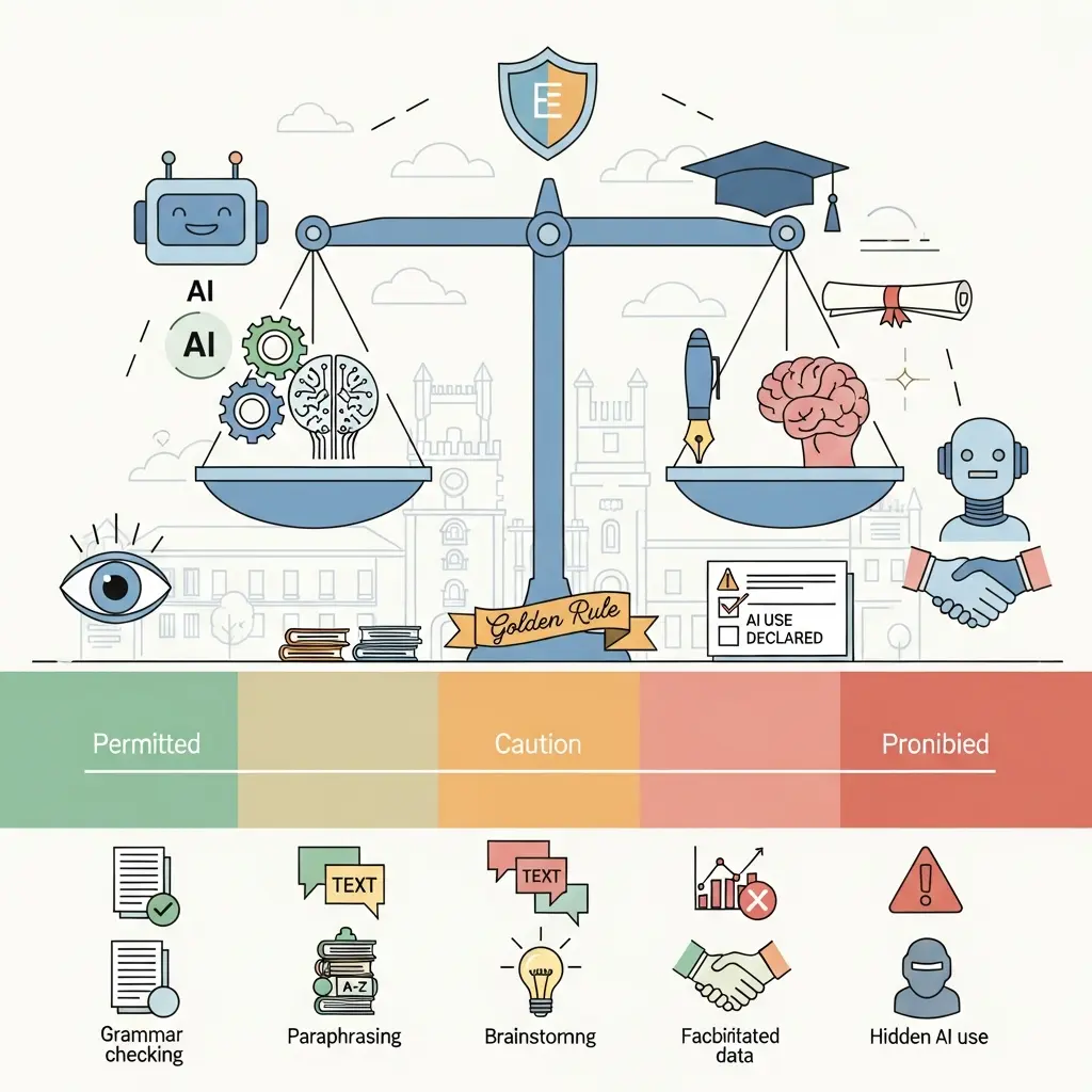 Balança ética equilibrando assistência de IA e integridade académica humana