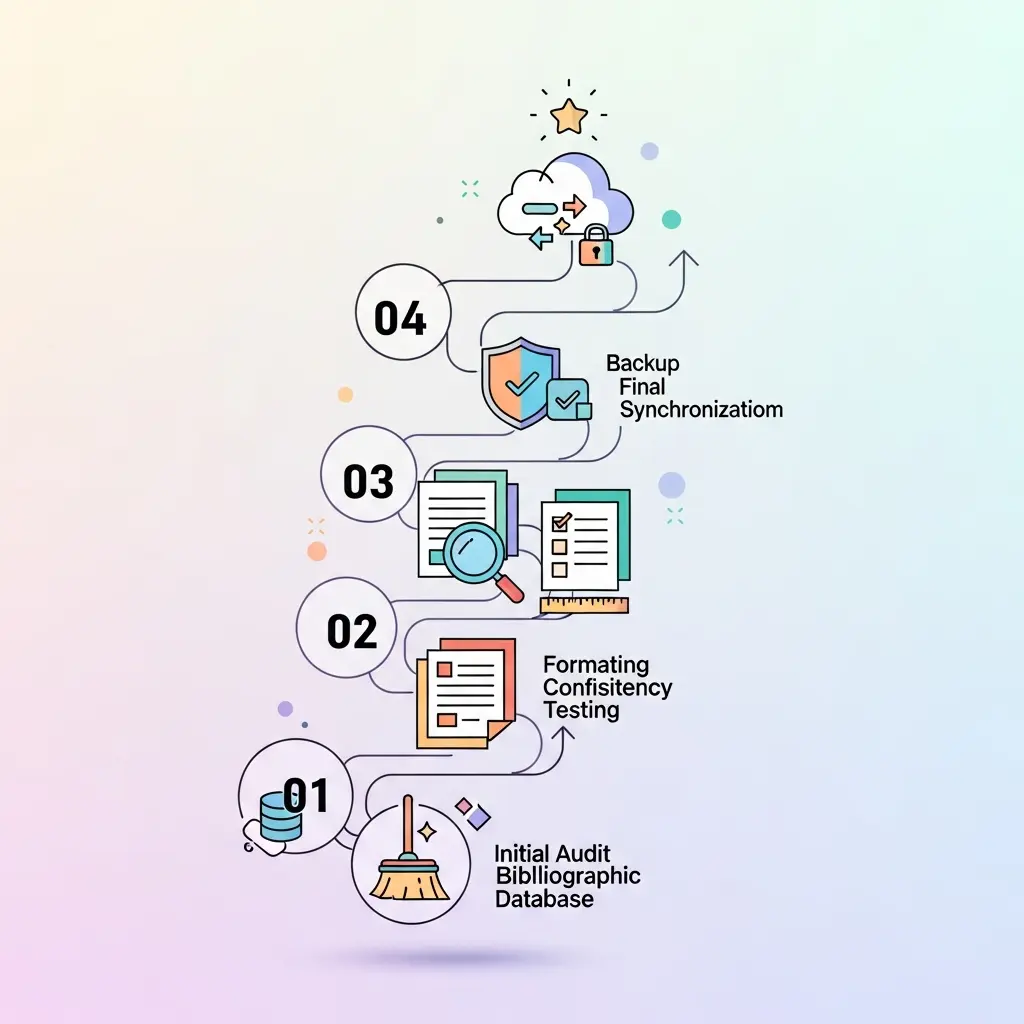 Diagrama do protocolo de validação em 5 passos: auditoria inicial, validação cruzada, teste de consistência, verificação antiplágio e sincronização final