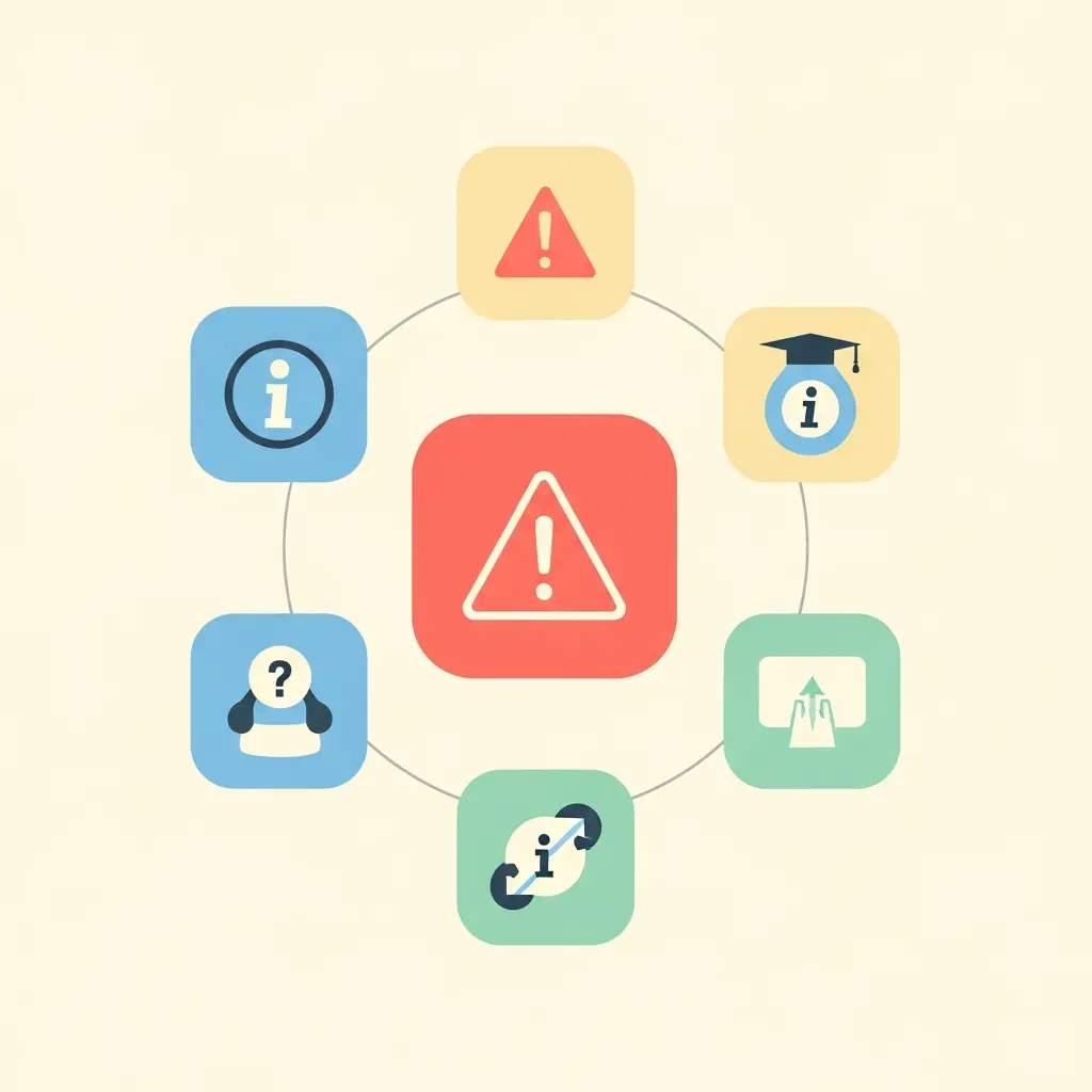 Sete ícones representando erros comuns em bibliografias: metadados incompletos, confusão de formatos, duplicações, links quebrados, citações fantasma, desalinhamento e problemas de sincronização