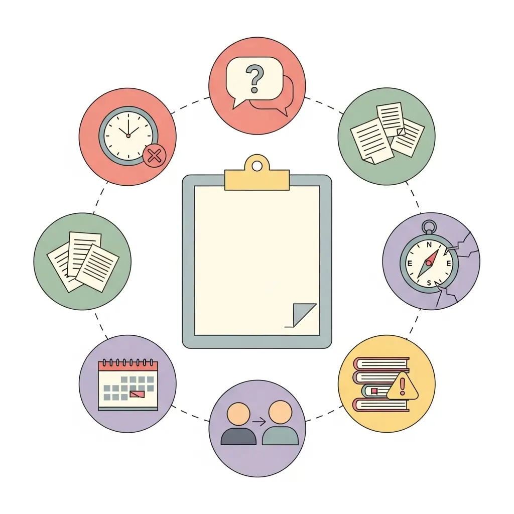 Checklist visual dos sete erros comuns ao iniciar uma tese académica