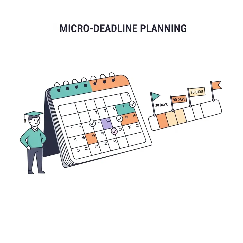 Calendário de planeamento com micro-prazos e sprints para organizar a escrita da tese