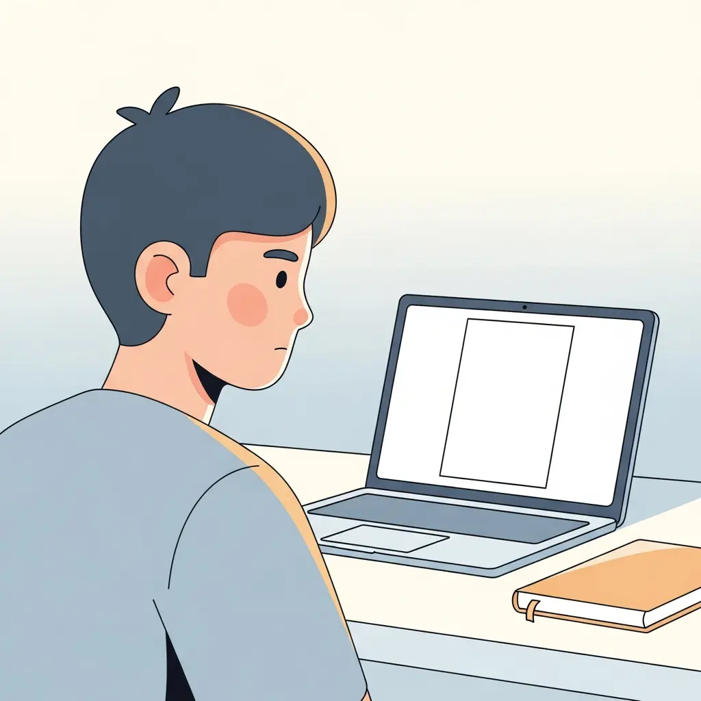 Estudante a olhar para um documento em branco no computador, representando o bloqueio inicial ao começar uma tese