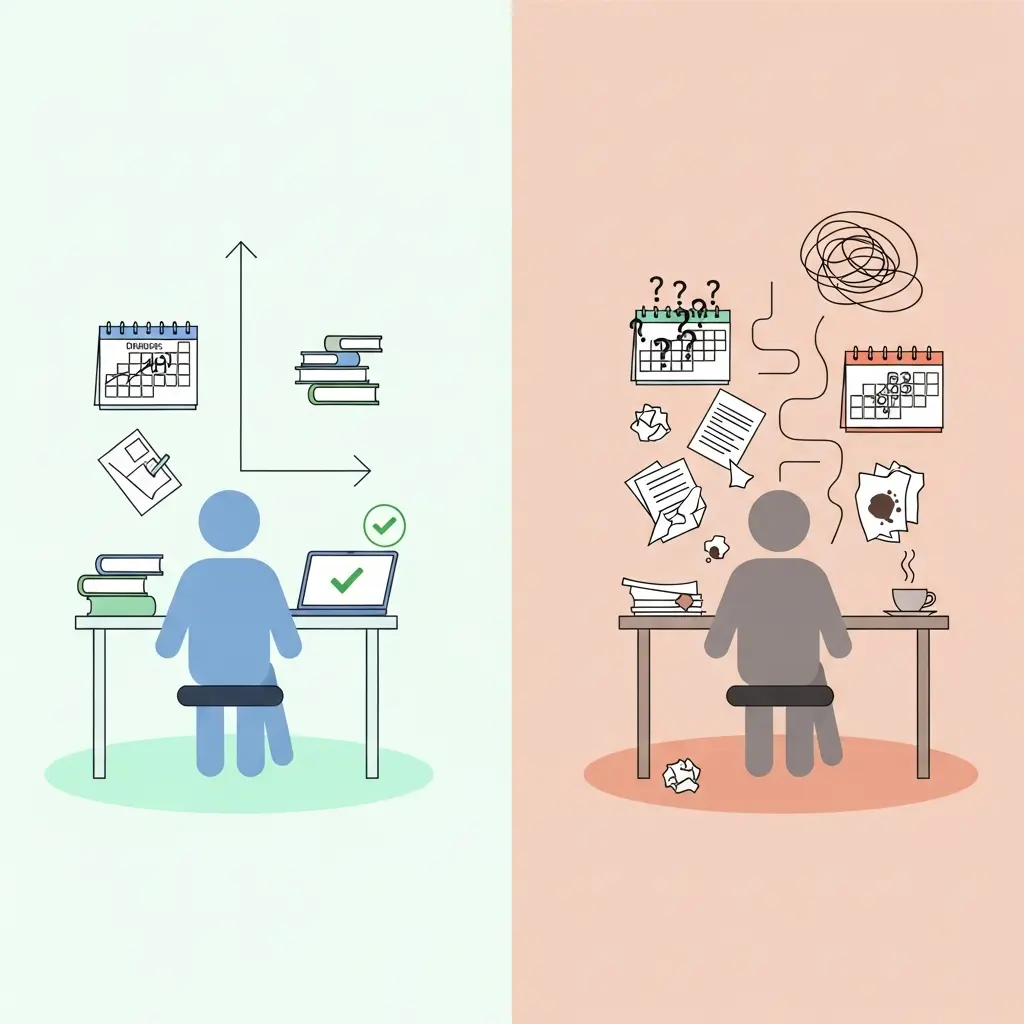 Comparação visual entre estudante organizado e desorganizado na gestão da tese