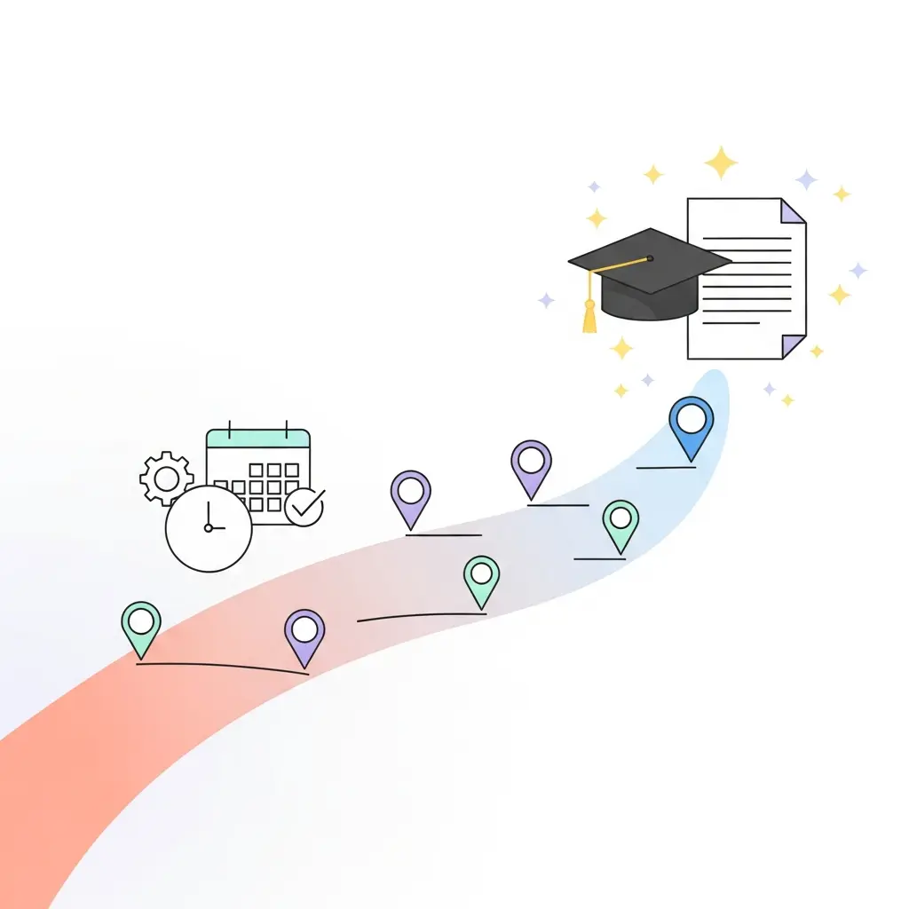 Caminho visual do início planeado da tese até à conclusão bem-sucedida