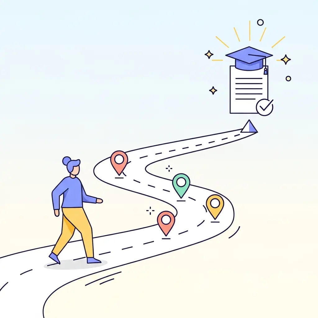 Caminho visual do início da tese até à conclusão bem-sucedida, mostrando as etapas do percurso académico