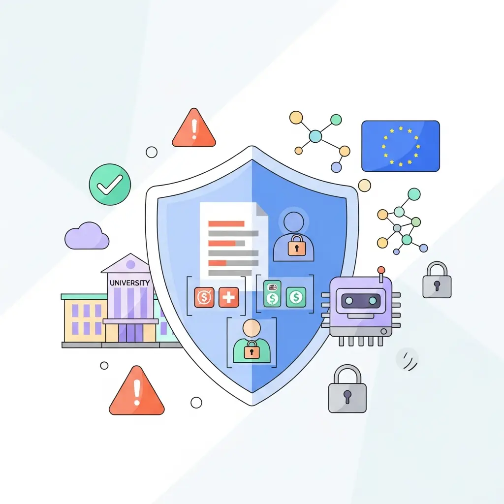 Ilustração de um escudo representando proteção de dados e conformidade com RGPD no uso de IA académica