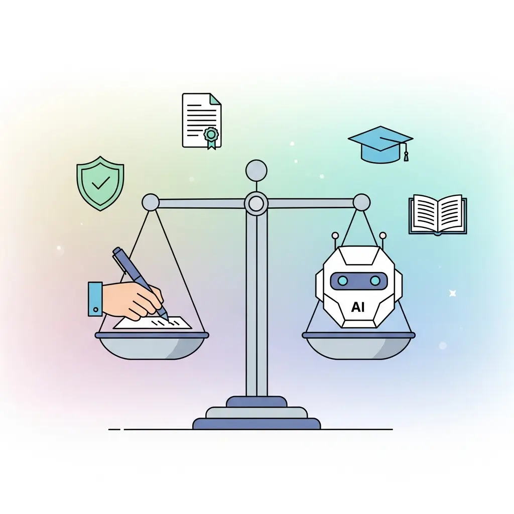 Balança equilibrada representando o equilíbrio entre trabalho humano e assistência de IA na escrita académica
