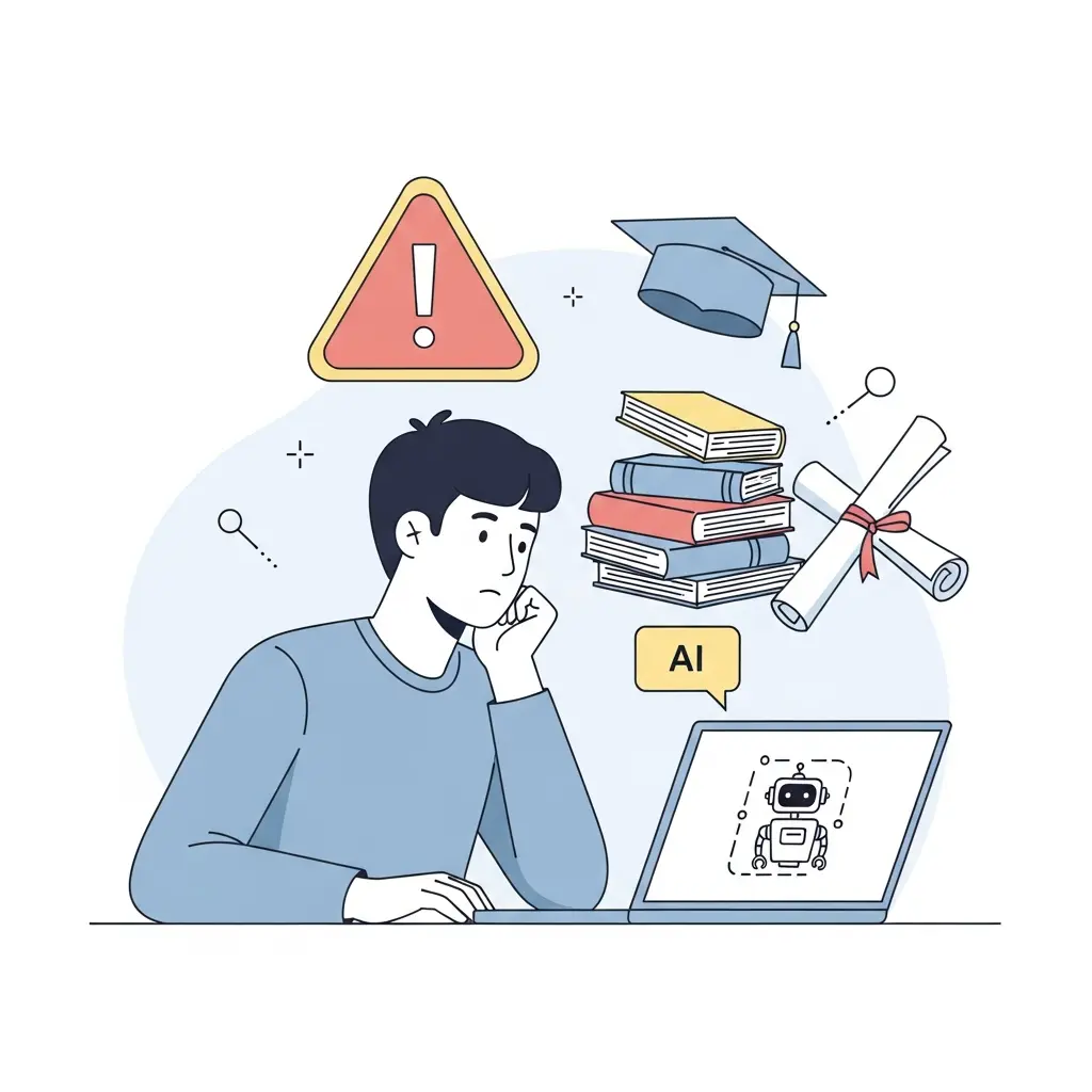 Estudante universitário preocupado a trabalhar no laptop com símbolo de aviso sobre uso de IA