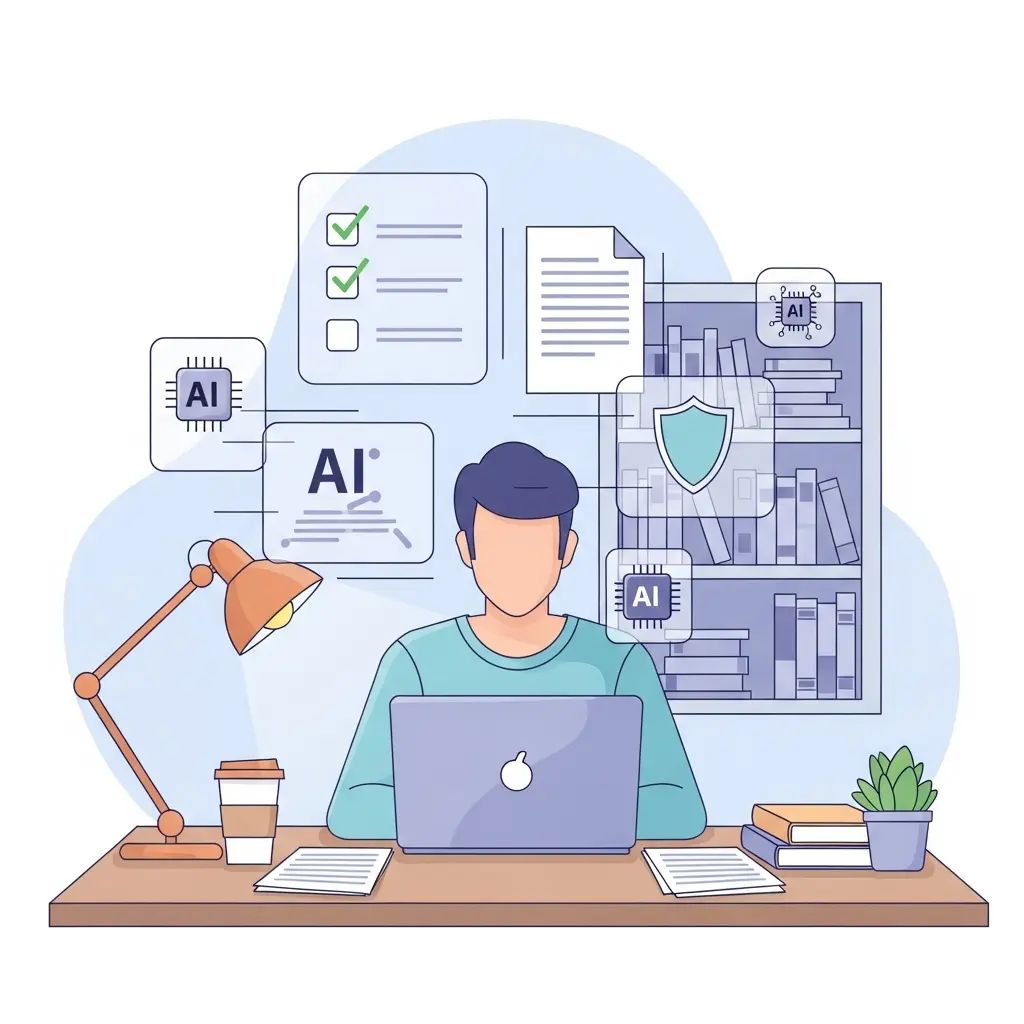 Estudante universitário a trabalhar no laptop com elementos visuais representando transparência e documentação de IA