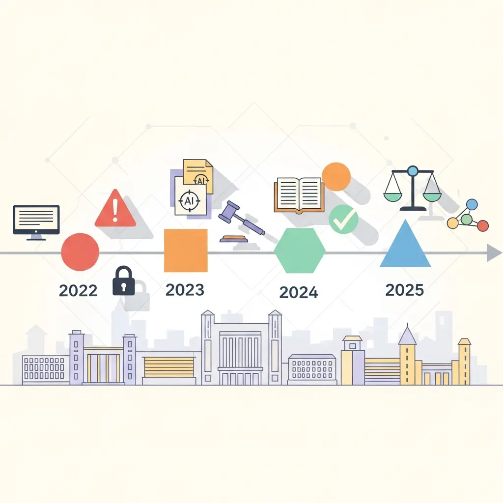 Timeline visual da evolução das políticas de IA nas universidades portuguesas de 2022 a 2025